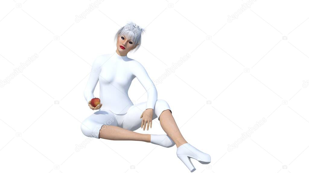 One girl in futuristic white clothes posing while sitting on the floor with an apple