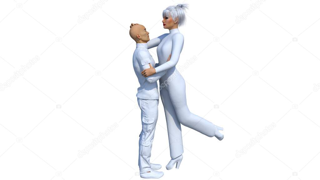 Romantic couple cuddling together while standing sideways to the camera in white futuristic clothes