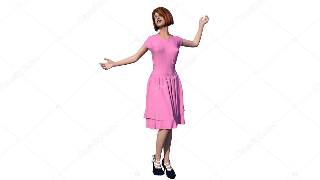 One young beautiful girl with short hair posing in a pink dress. Dancing happily