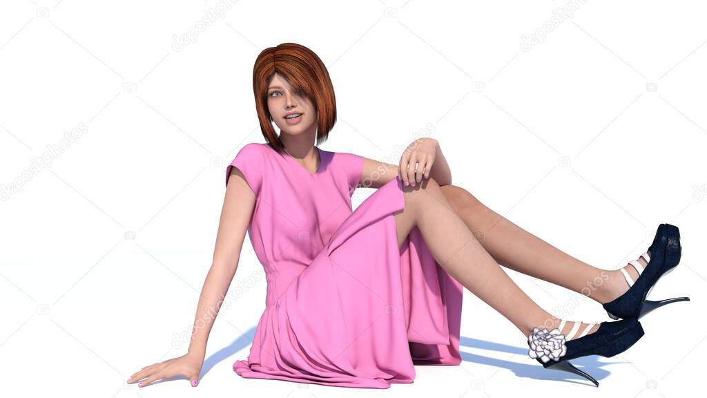 One young beautiful girl with short hair posing in a pink dress. Playfully sits on the floor and smiles