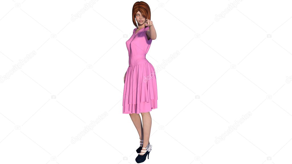 One young beautiful girl with short hair posing in a pink dress. Standing pointing finger at camera
