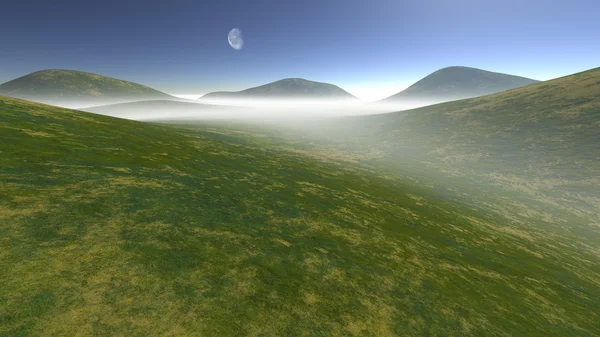 Pagórkowaty teren spowity we mgle — Zdjęcie stockowe
