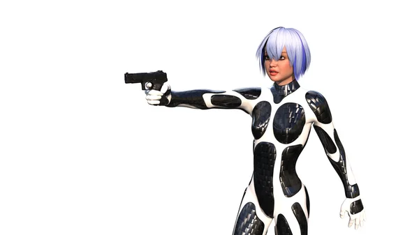 Uma jovem no látex com cabelo curto e uma arma — Fotografia de Stock