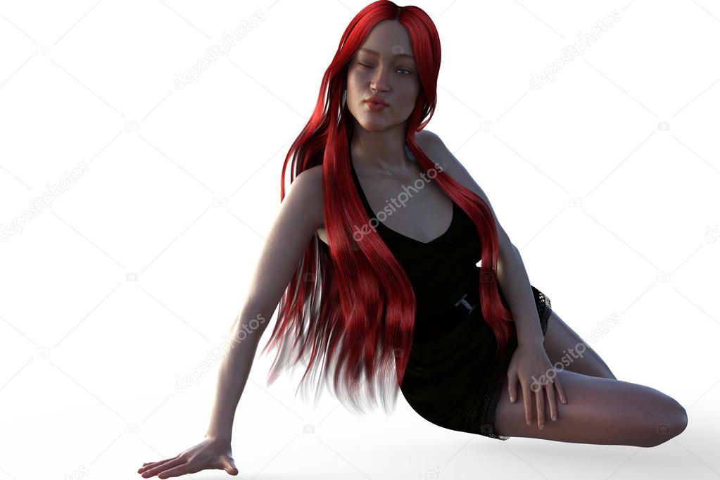 One cute young tanned girl with long red hair sits and flirts