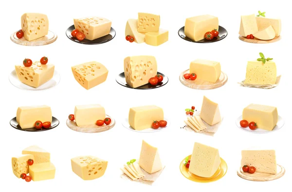 Kolekce sýra izolovaných na bílém pozadí. Sada různých sýrů — Stock fotografie