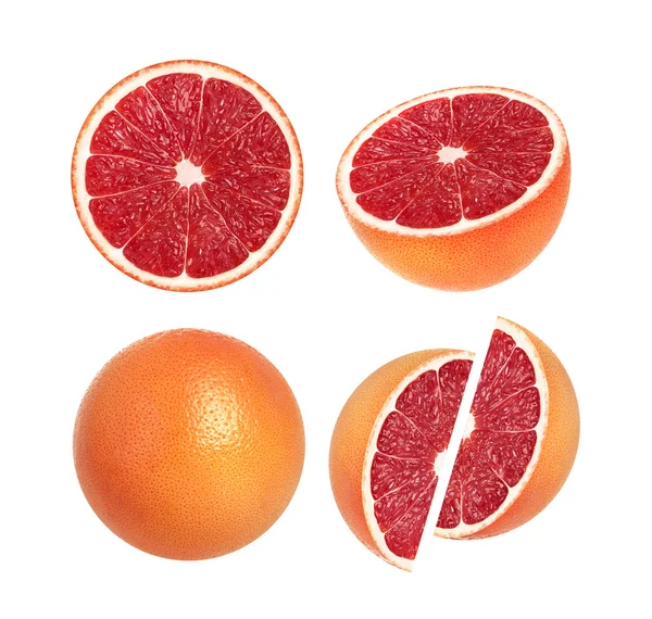 Коллекция цельного грейпфрута и ломтиков на белом фоне — стоковое фото