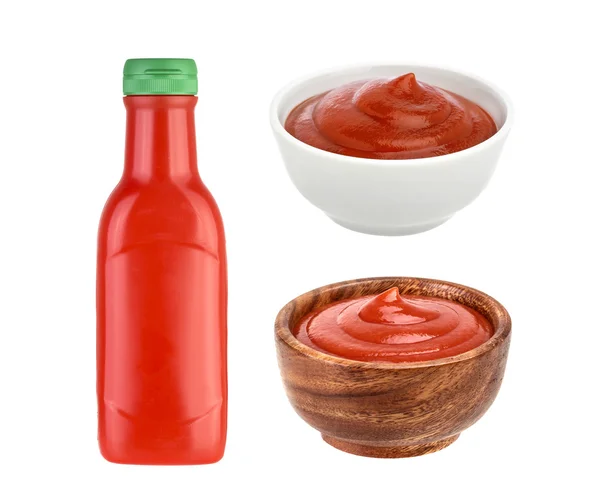 Tigela e frasco de ketchup isolado sobre fundo branco — Fotografia de Stock