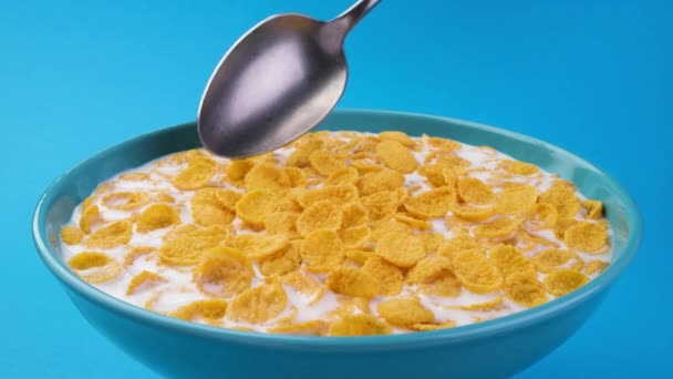 Bowl Corn Flakes Spoon Healthy Cereal Breakfast Milk Blue Background — Stock Video