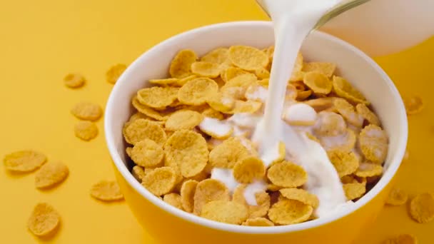 Mjölk häller i skål med majs flingor flingor, ovanifrån — Stockvideo