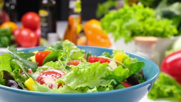 Friss vegetáriánus saláta zöldséggel és zöldséggel, egészséges bio ételek — Stock videók