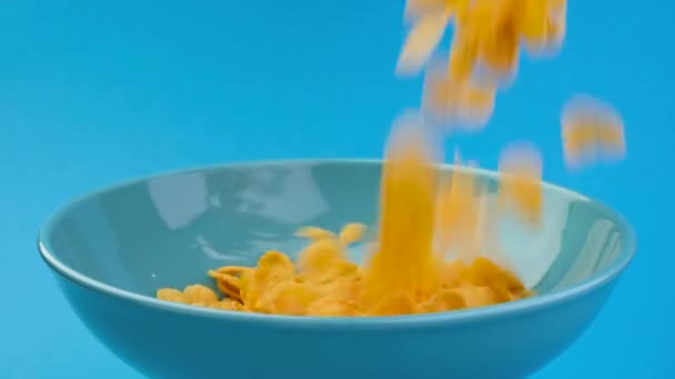 Caída de copos de maíz, desayuno saludable de cereales — Vídeos de Stock