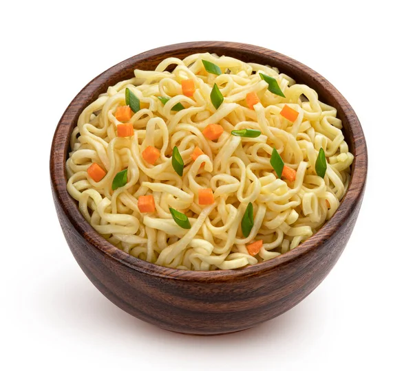 Wooden bowl of instant noodles isolated on white background — Stock Photo, Image