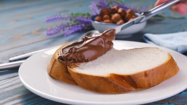 在面包、巧克力坚果奶油上撒些榛子奶油 — 图库视频影像