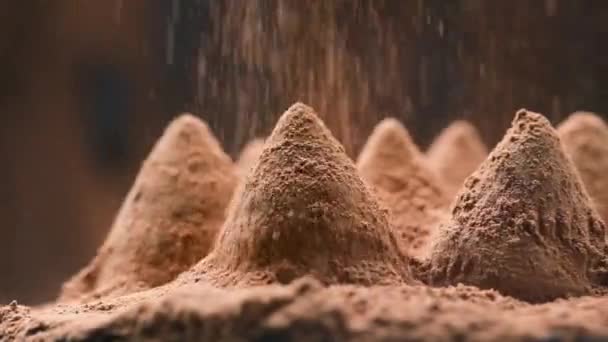 Какао порошок падает на роскошные домашние трюфельные конфеты — стоковое видео