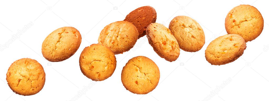 Chip cookies falling over white background