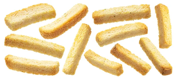 Weißbrot Croutons, gesalzenes Brot Sticks isoliert auf weißem Hintergrund — Stockfoto