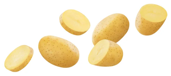 Падіння сирої картоплі ізольовано на білому тлі — стокове фото