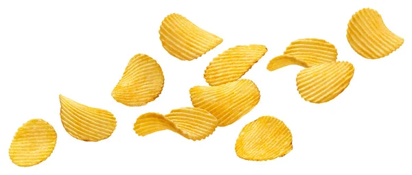 Fallende Kartoffelchips isoliert auf weißem Hintergrund — Stockfoto