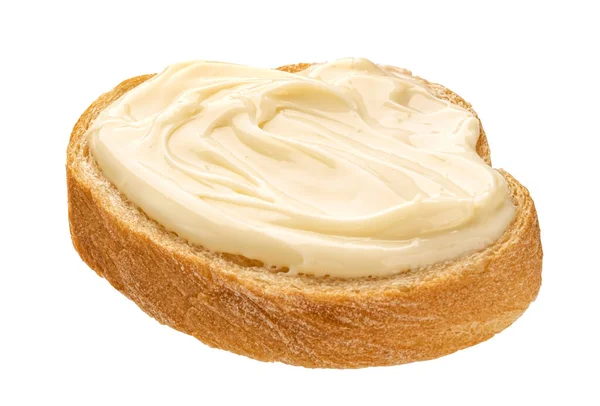 Rebanada de pan con queso crema aislado sobre fondo blanco, vista superior —  Fotos de Stock