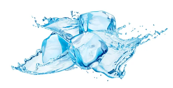 Salpicadura de agua con cubitos de hielo aislados sobre fondo blanco —  Fotos de Stock