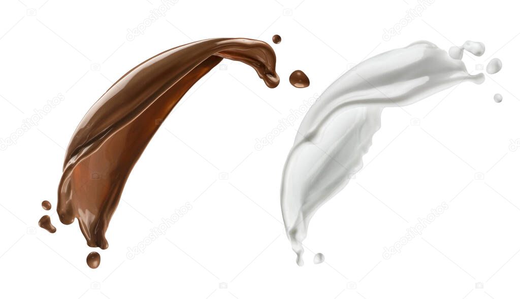 Chocolate and milk splashes isolated on white background
