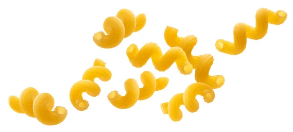 Falling italian cellentani pasta isolated on white background — Stock Photo, Image