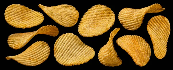 Ridged Chips Isolerad Svart Bakgrund Samling — Stockfoto
