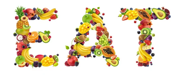 健康的な食事の創造的な概念 単語白い背景に隔離されたさまざまな果物や果実で作られた食べる — ストック写真