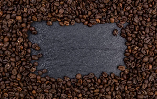 Frame Made Roasted Coffee Beans Black Stone Background Top View — Stock Photo, Image