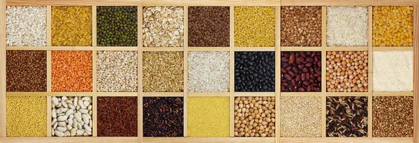 Patrón Cereales Crudos Frijoles Semillas Textura Vista Superior Mezcla Grañones — Foto de Stock