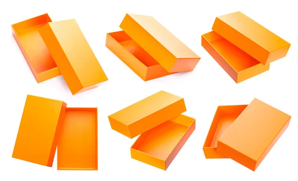 Orange open cardboard box mock up isolated on white background, template for design — Stock Photo, Image