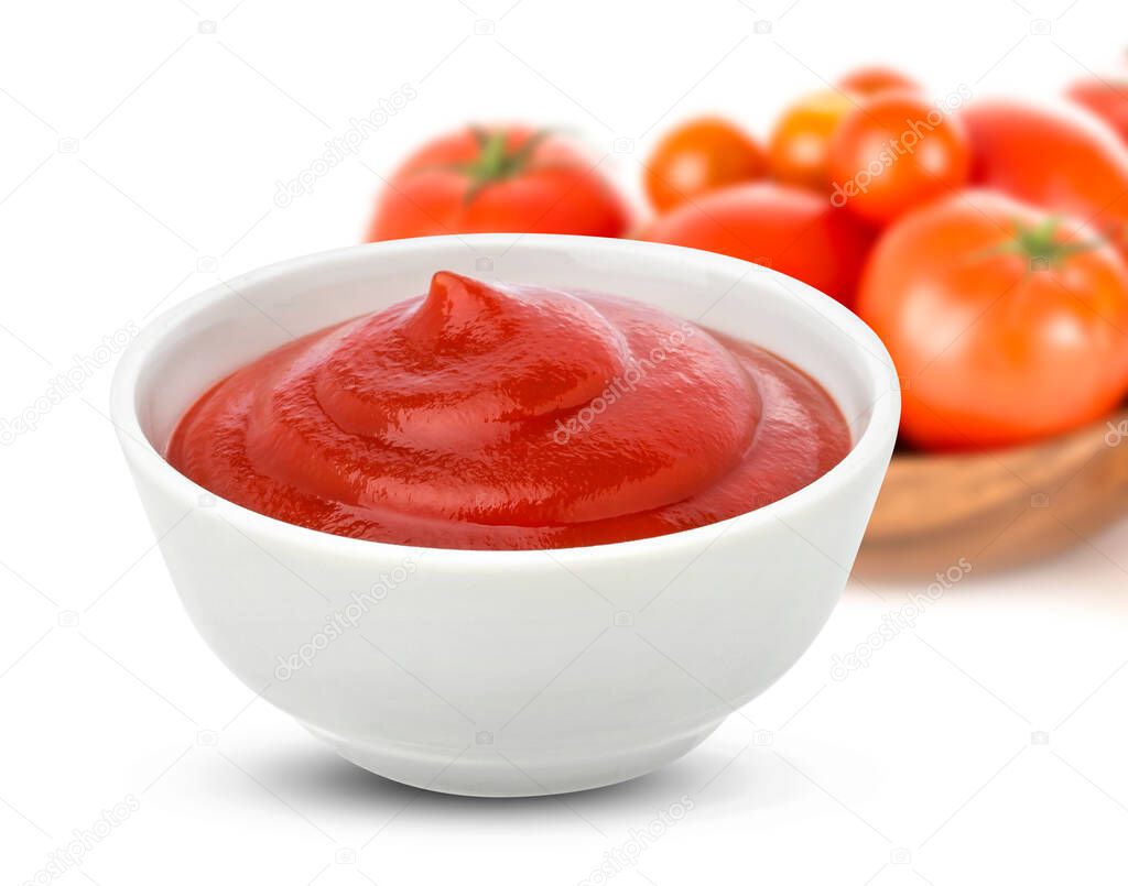 Ketchup in bowl on white background