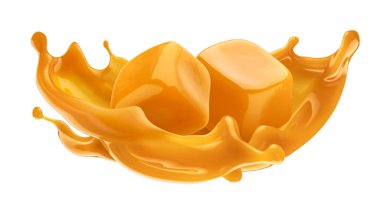 Erimiş karamel soslu karamel şekeri kesme yolu ile beyaz arka planda izole edilmiş.