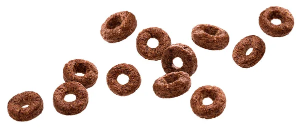 Zuhanó Csokoládé Kukorica Gyűrűk Elszigetelt Fehér Alapon Nyírás Útvonal — Stock Fotó