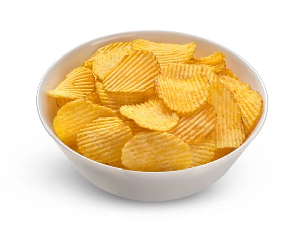 Ridged Burgonya Chips Tálban Elszigetelt Fehér Alapon — Stock Fotó