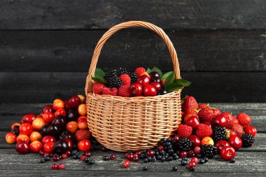 Siyah ahşap arka planda sepetin içinde taze yabanmersini.