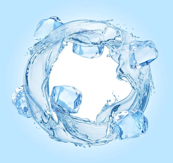 Circle respingo de água com cubos de gelo no fundo azul — Fotografia de Stock
