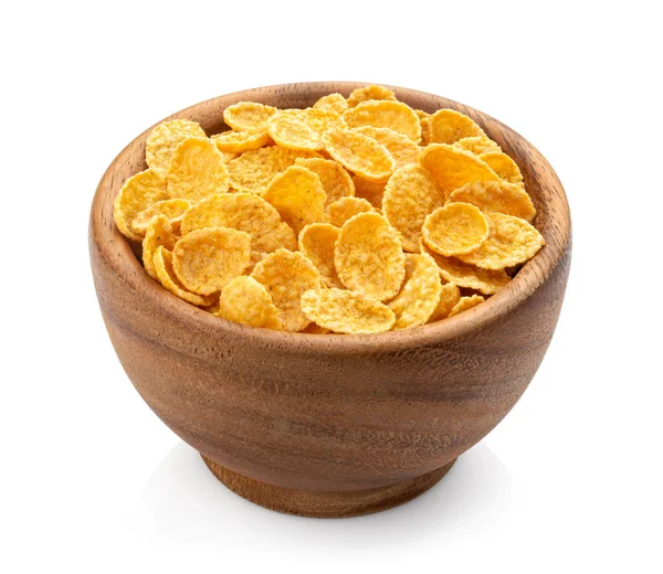 Wooden bowl of corn flakes isolated on white background — Φωτογραφία Αρχείου