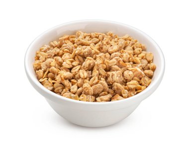 Granola, gevrek müsli beyaz arka planda izole edilmiş.