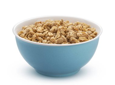 Granola, gevrek müsli beyaz arka planda izole edilmiş.