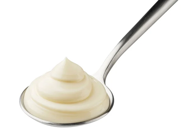 Mayonaise in lepel geïsoleerd op witte achtergrond — Stockfoto