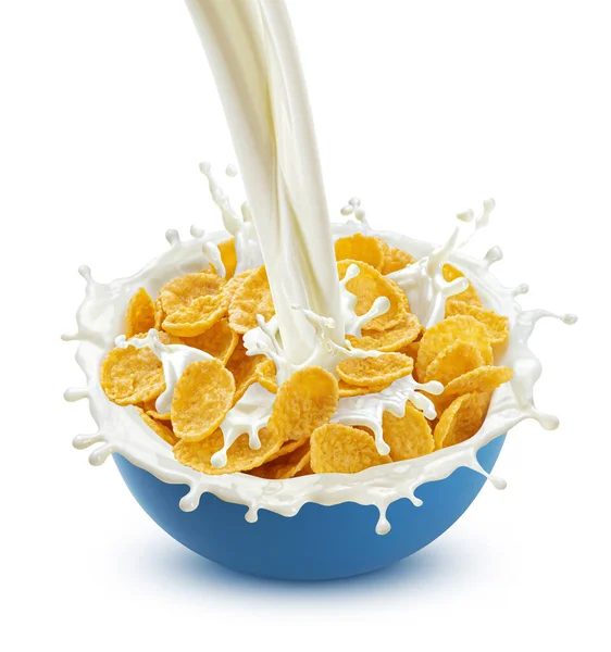 Cornflakes mit einströmender Milch isoliert auf weißem Hintergrund — Stockfoto
