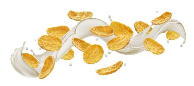 Beyaz arka planda izole edilmiş sütlü mısır gevrekleri. 