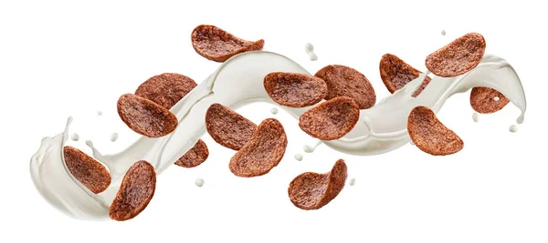 Schokolade Cornflakes mit Milchspritzer isoliert auf weißem Hintergrund — Stockfoto