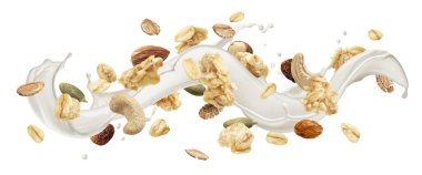 Beyaz arka planda izole edilmiş süt sıçramalı granola
