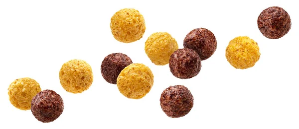 Falling chocolate corn balls isolated on white background — Stock Photo, Image