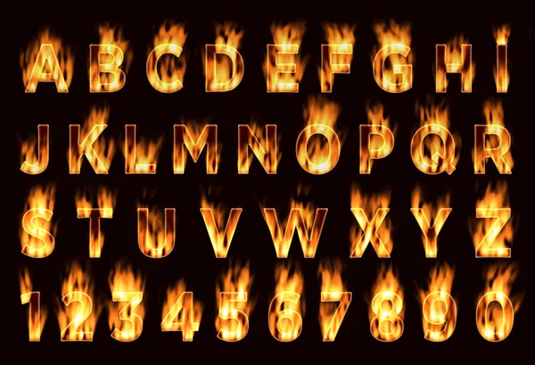 Carattere di fuoco. Lettere di prugne. Font in fiamme . — Foto Stock