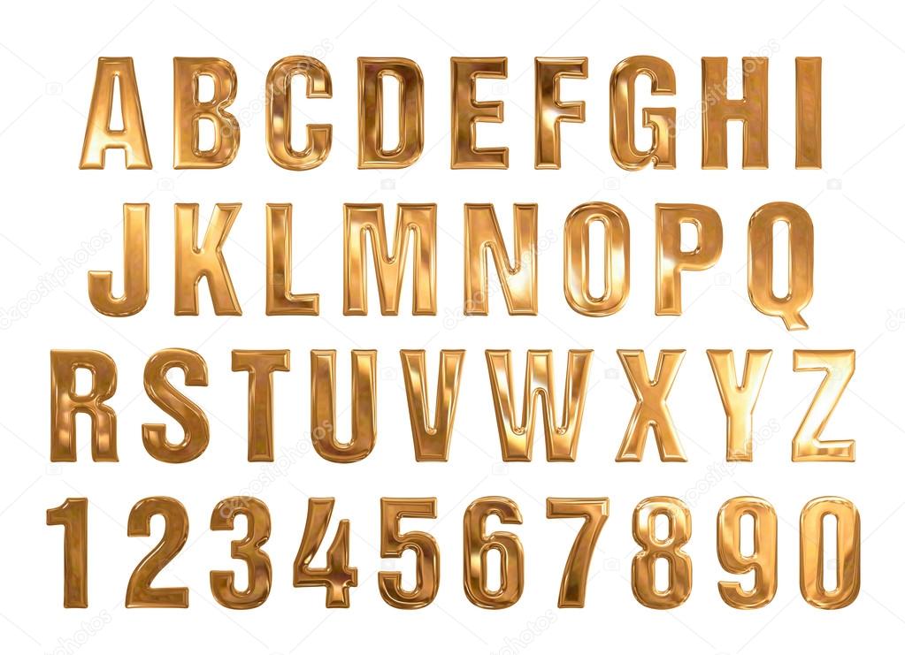 alphabet of gold on a white background.