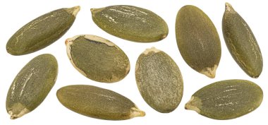 Beyaz arkaplanda izole edilmiş kabak tohumları, koleksiyon, tam derinlik