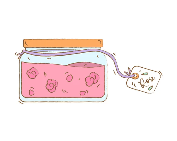 手绘可爱的玫瑰果酱瓶 点缀有玫瑰花瓣的甜点 白色背景上孤立的病媒图解 — 图库矢量图片